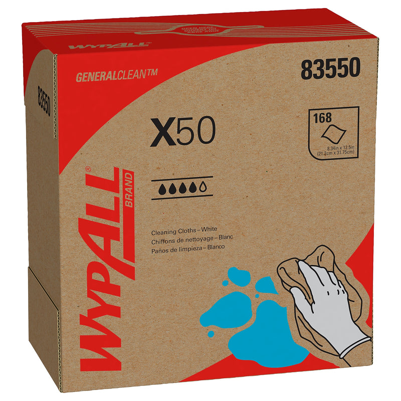 WypAll GeneralClean X50 Cloth Cleaning Wipers, 12.5" x 9.1", White, 168 Wipers/Box, 10/Carton