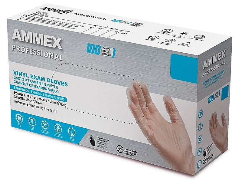 Ammex Professional VPF Powder Free Vinyl Exam Gloves, Latex-Free, Clear, 100/Box