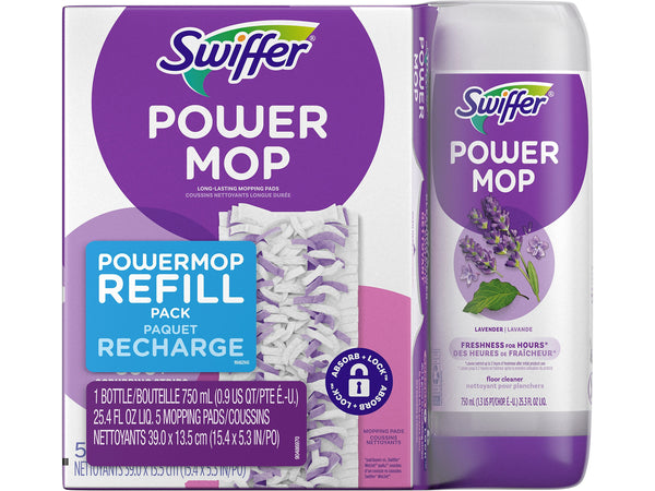 Swiffer PowerMop 5.3" Mop Pad and Floor Cleaning Solution Kit, Lavender Scent