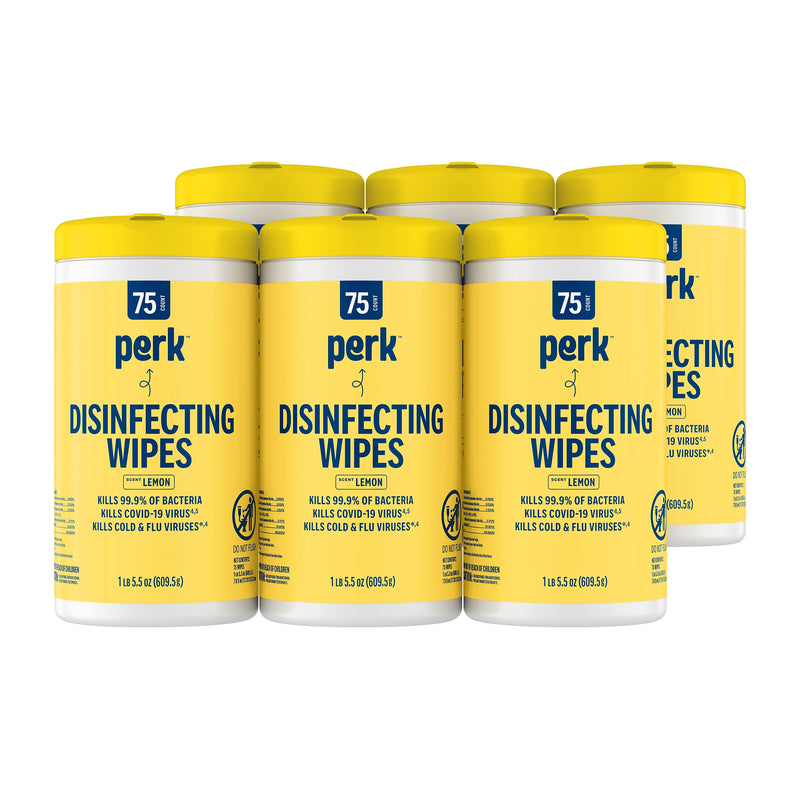 Perk Disinfecting Wipes, Lemon Scent, 75 Wipes/Pack, 6/Carton