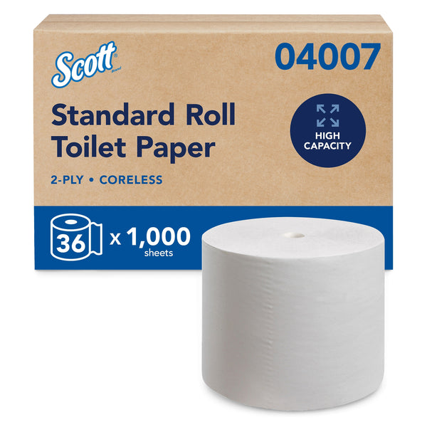 Scott Essential Recycled Coreless Toilet Paper, 2-ply, White, 1,000 Sheets/Roll, 36 Rolls/Carton