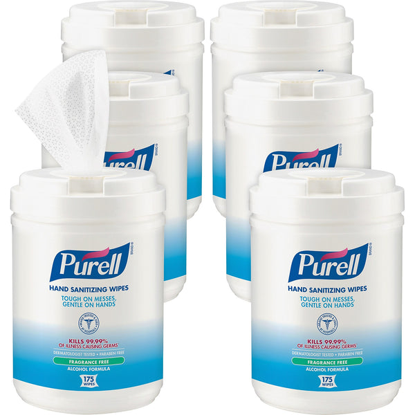 Purell Alcohol Hand Sanitizing Wipes, 6" x 7", White, Moisturizing, Durable, 175 Sheets Per Canister, 6/Carton