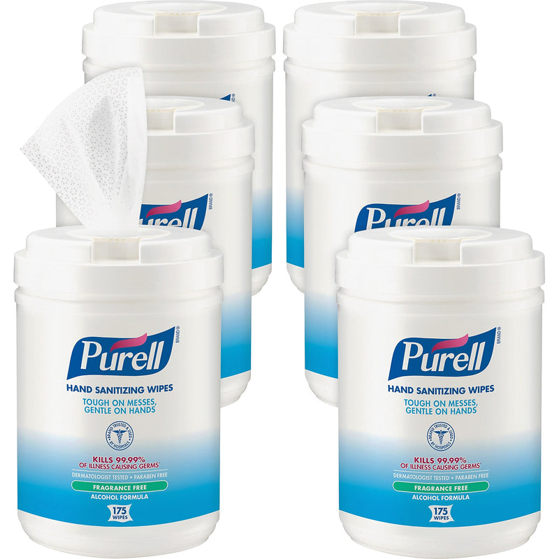Purell Alcohol Hand Sanitizing Wipes, 6" x 7", White, Moisturizing, Durable, 175 Sheets Per Canister, 6/Carton