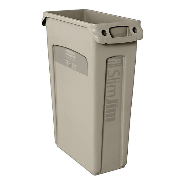 Rubbermaid Slim Jim Rectangular Trash Can Receptacle with Venting Channels, 23 Gallons, Beige