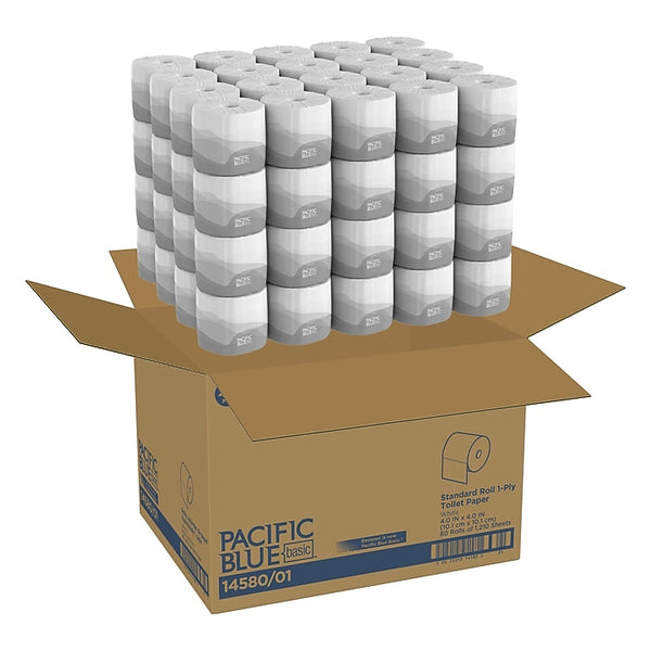 Pacific Blue Basic Recycled Toilet Paper, 1-Ply, White, 1210 Sheets/Roll, 80 Rolls/Carton