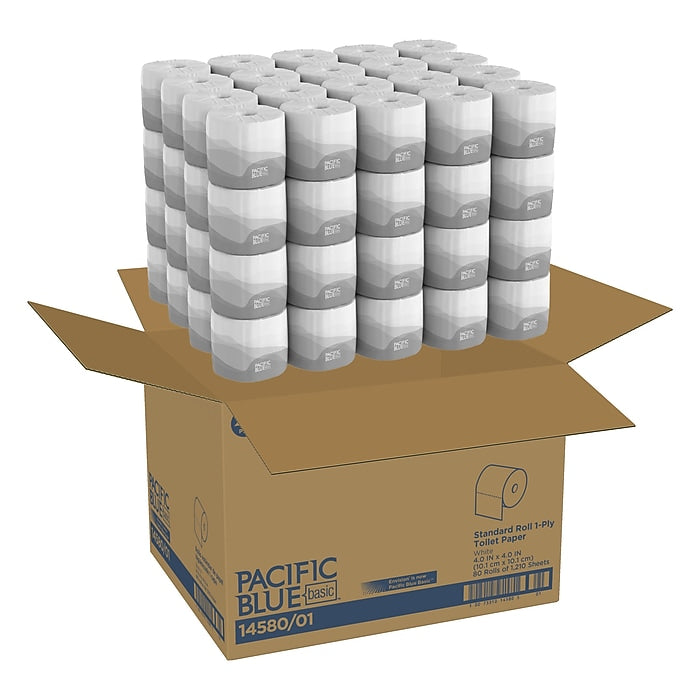 Pacific Blue Basic Recycled Toilet Paper, 1-Ply, White, 1210 Sheets/Roll, 80 Rolls/Carton