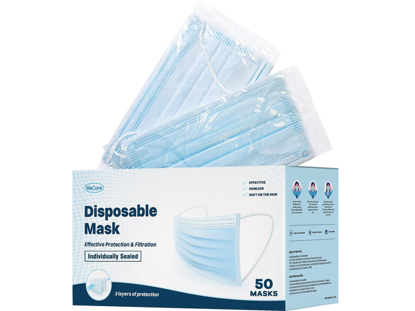 WeCare 3-Ply Disposable Face Mask, Adult, Blue, 50/Box